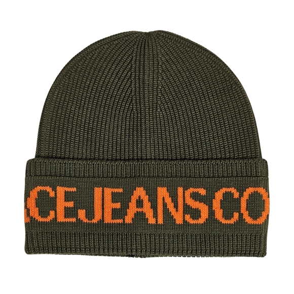 Versace Jeans Hat Beanie Dark Olive Orange Wool Blend Logo Designer